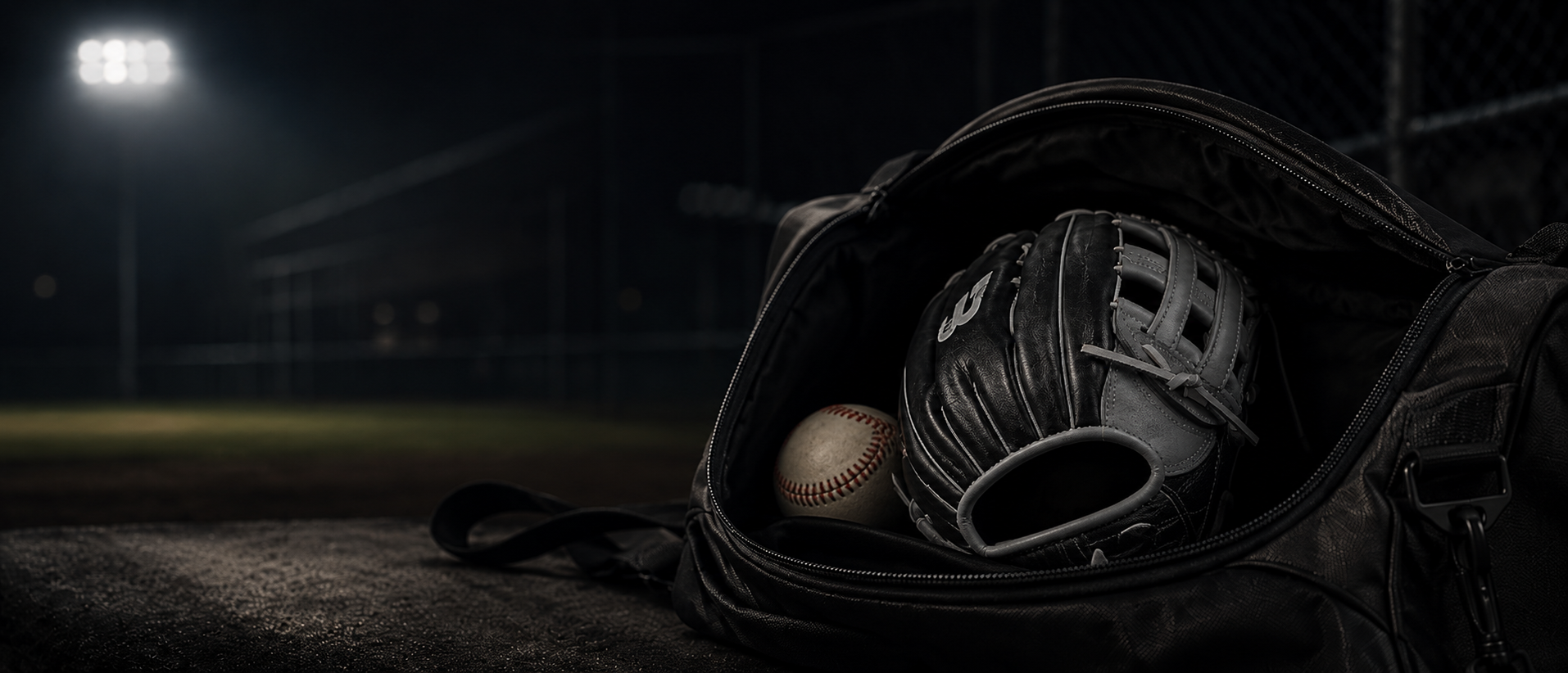 Baseball glove and ball in a bag on a baseball field at night.