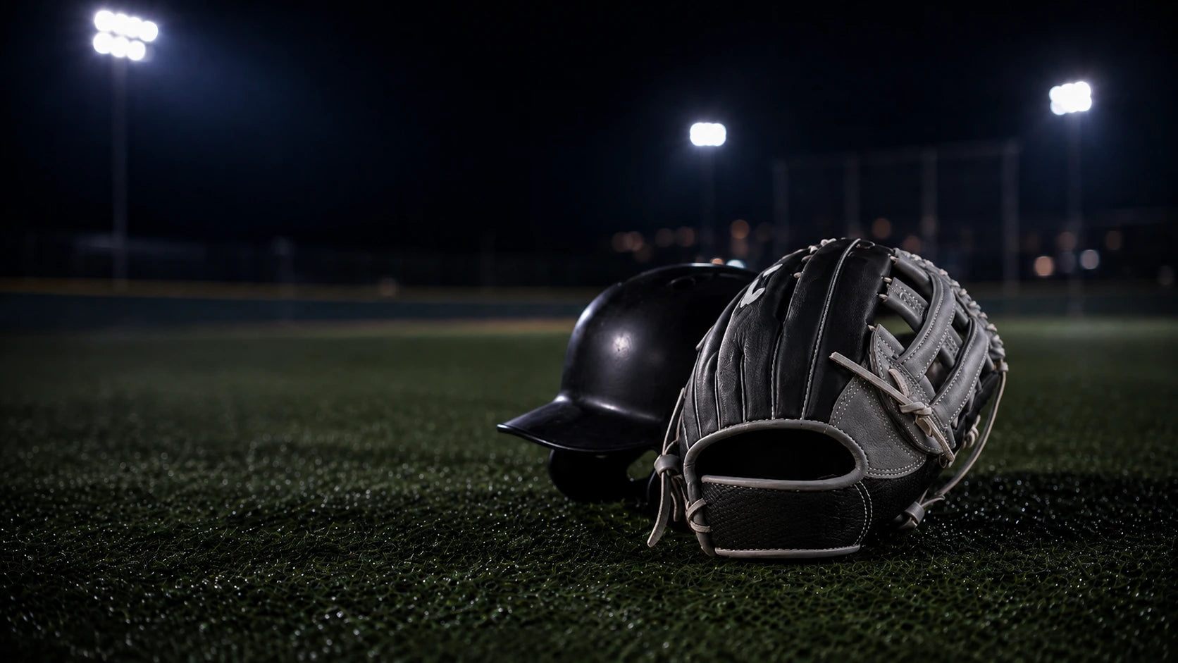 Baseball glove leaning against a batting helmet