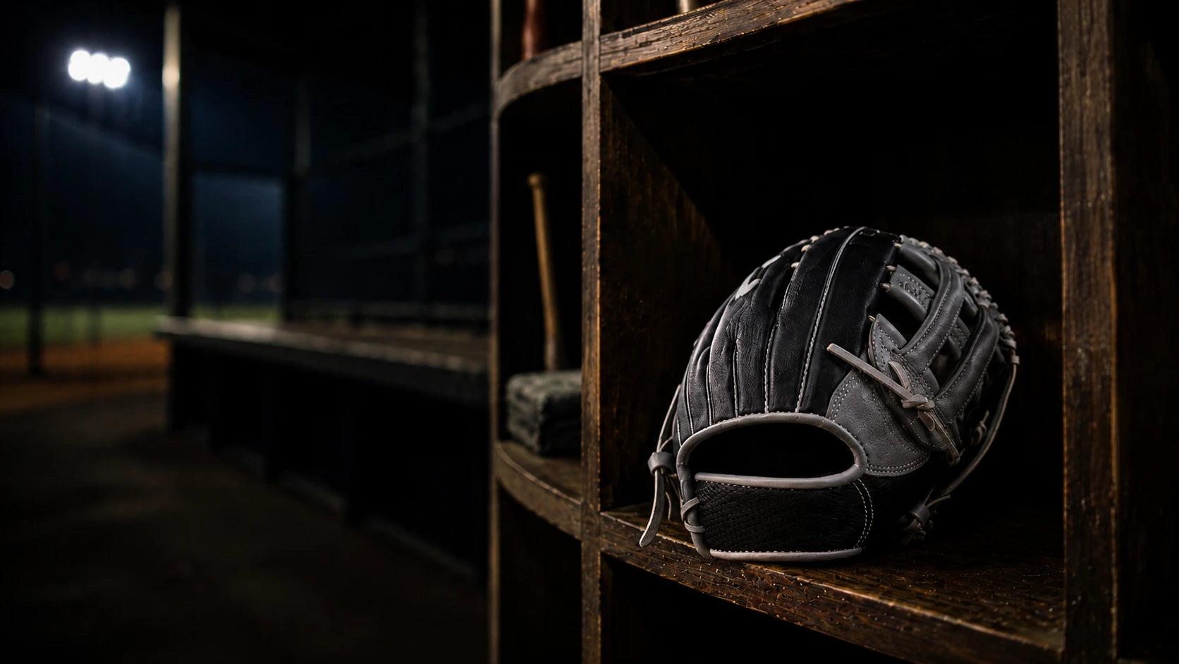 Baseball glove sitting inside a dugout cubby