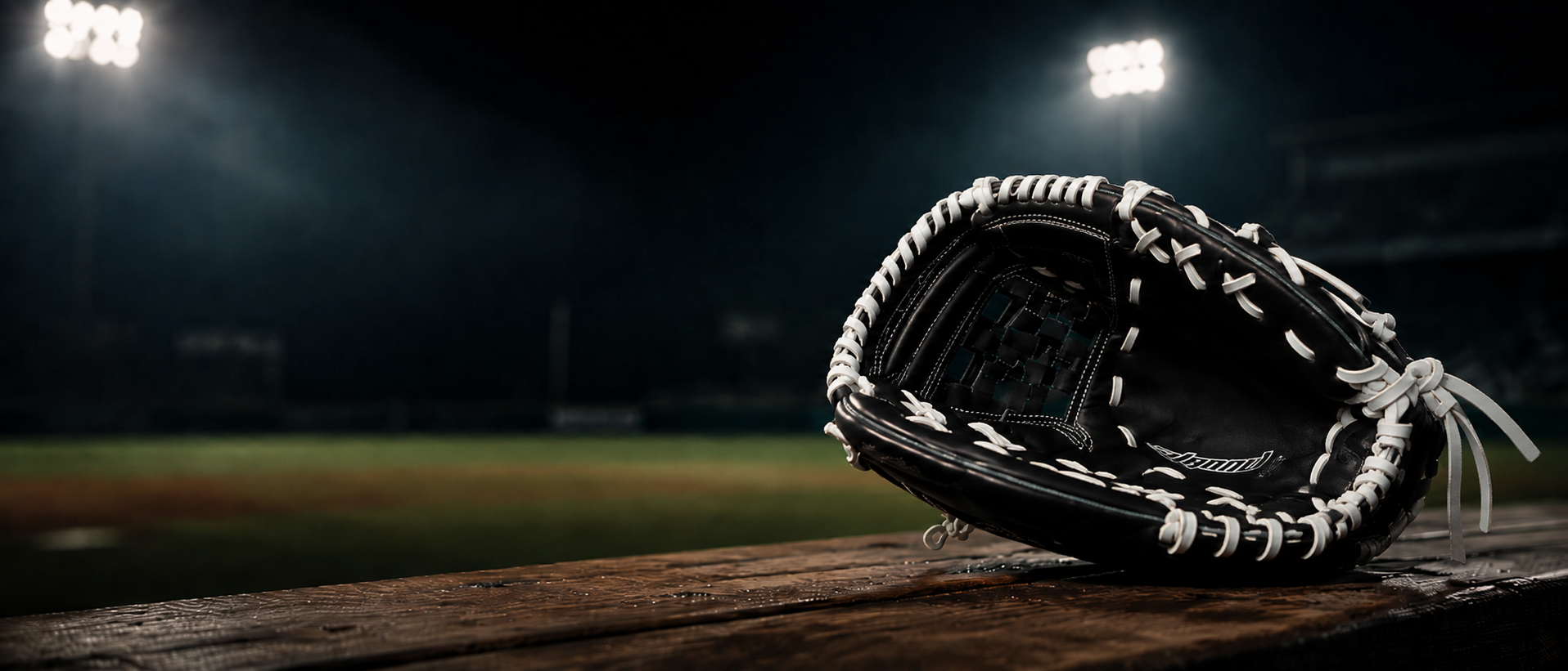 Baseball glove on a dugout bench with stadium lights behind it