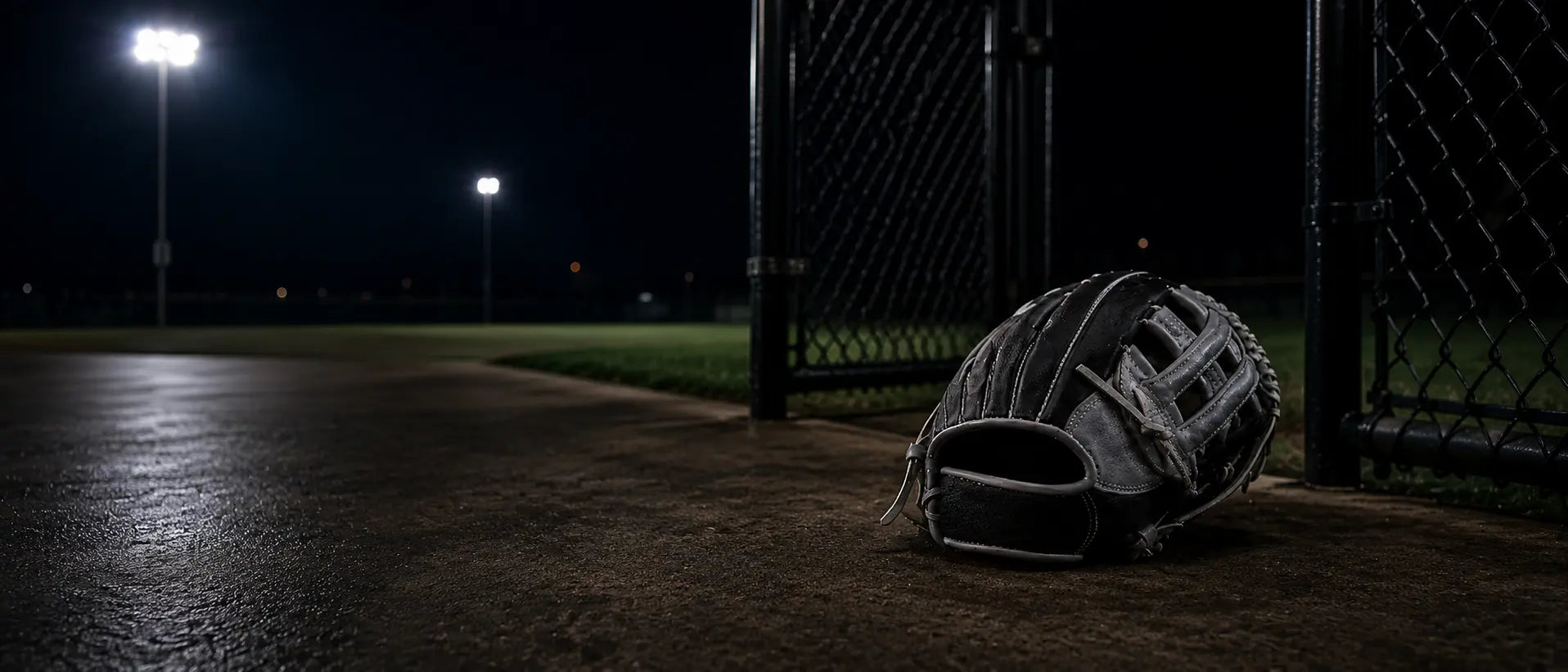 Game-ready baseball glove beside an open baseball field gate at night