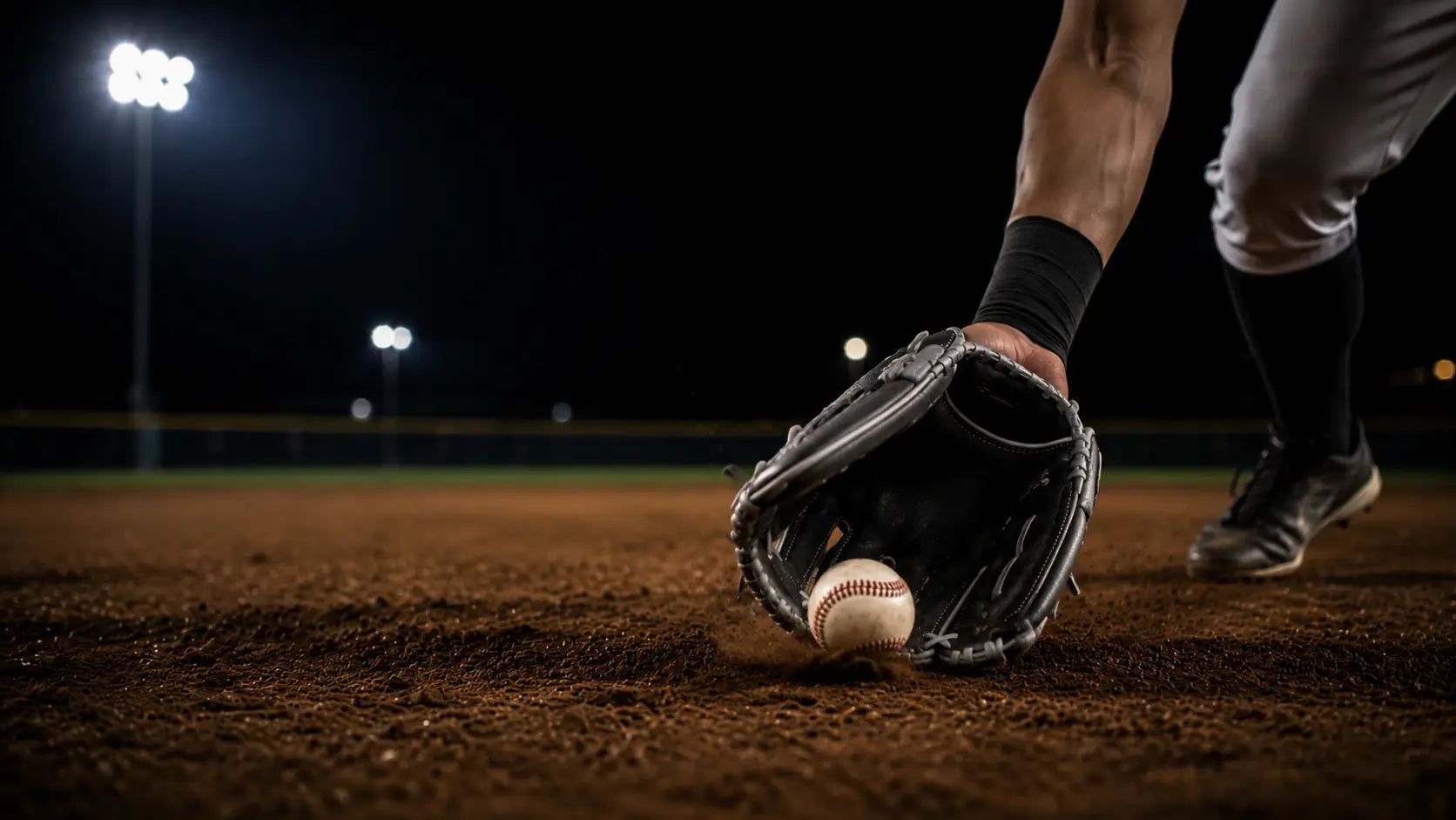Broken-in baseball glove scooping a ground ball during a night game