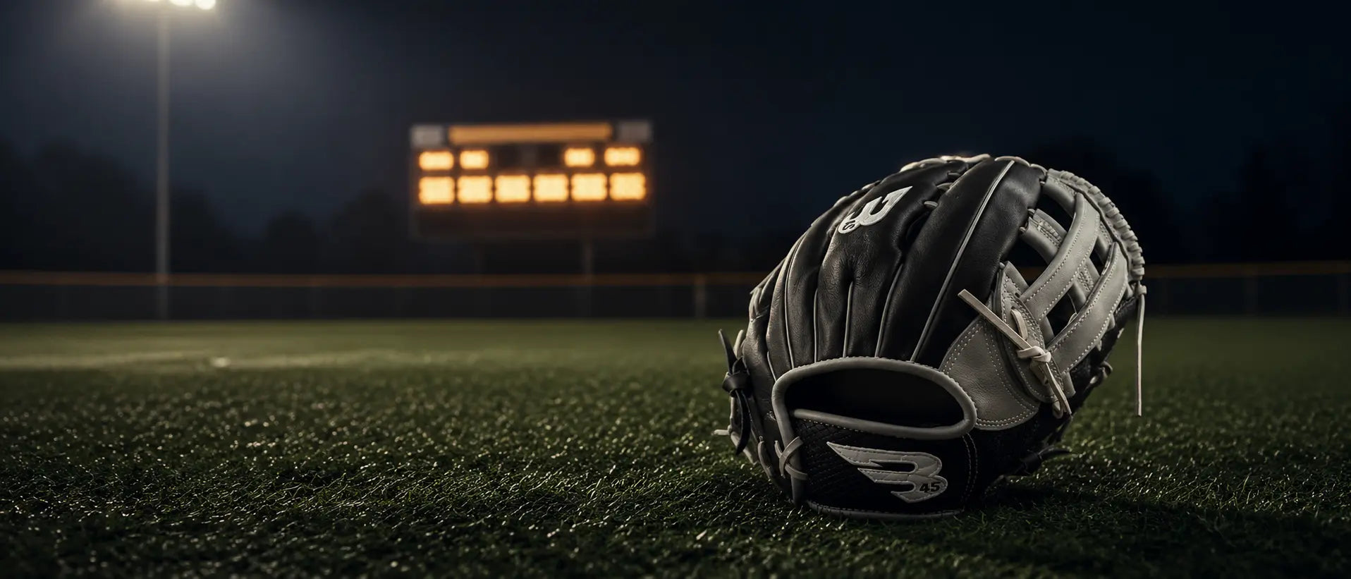 Baseball glove on turf with a blurred scoreboard in the background