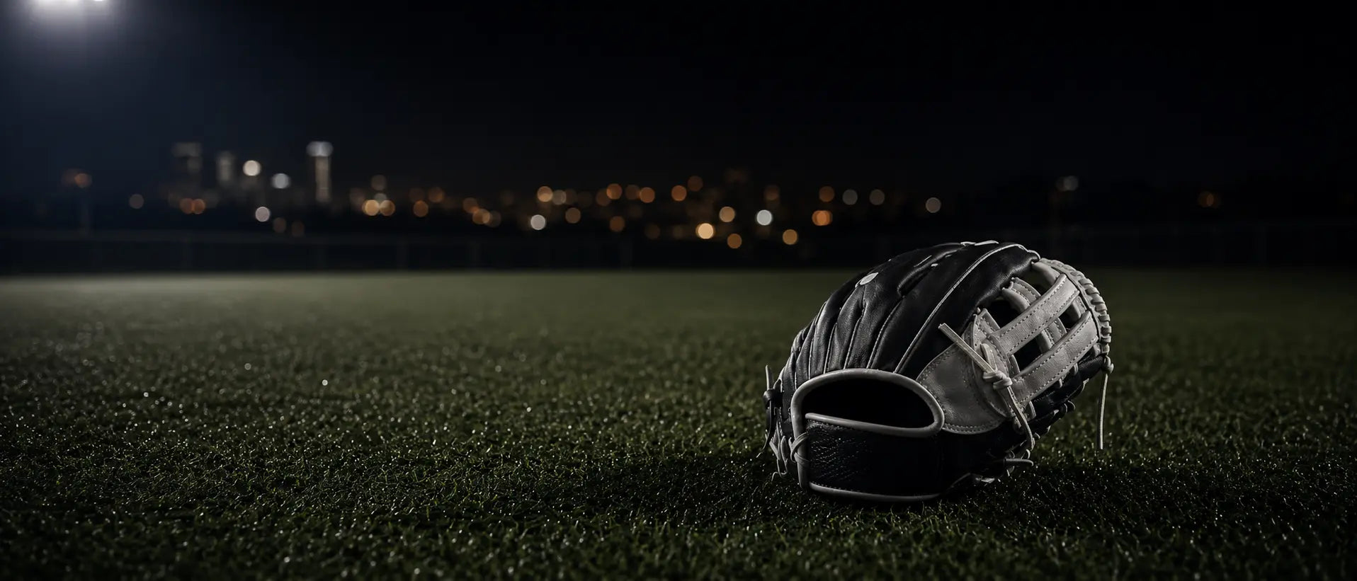 Baseball glove on turf with a blurred city-light background