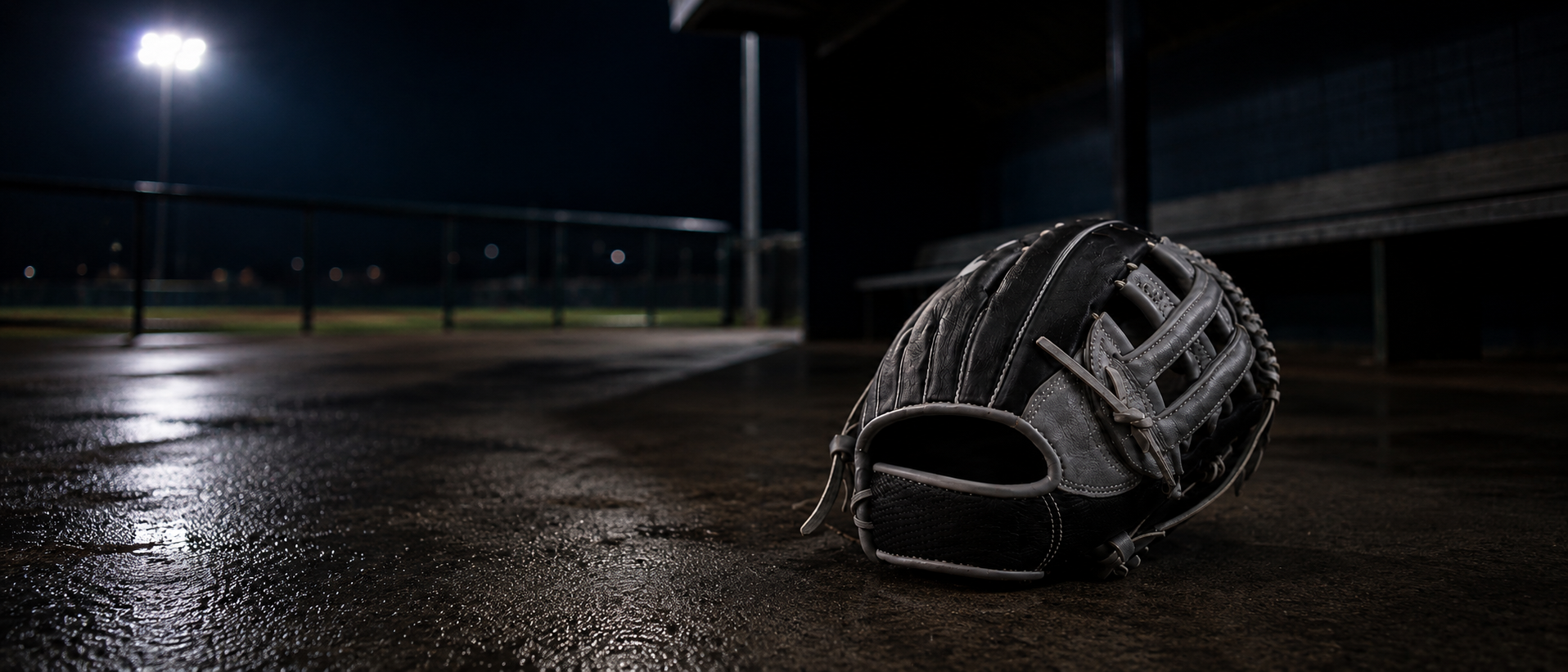 Game-ready baseball glove on wet dugout concrete at night