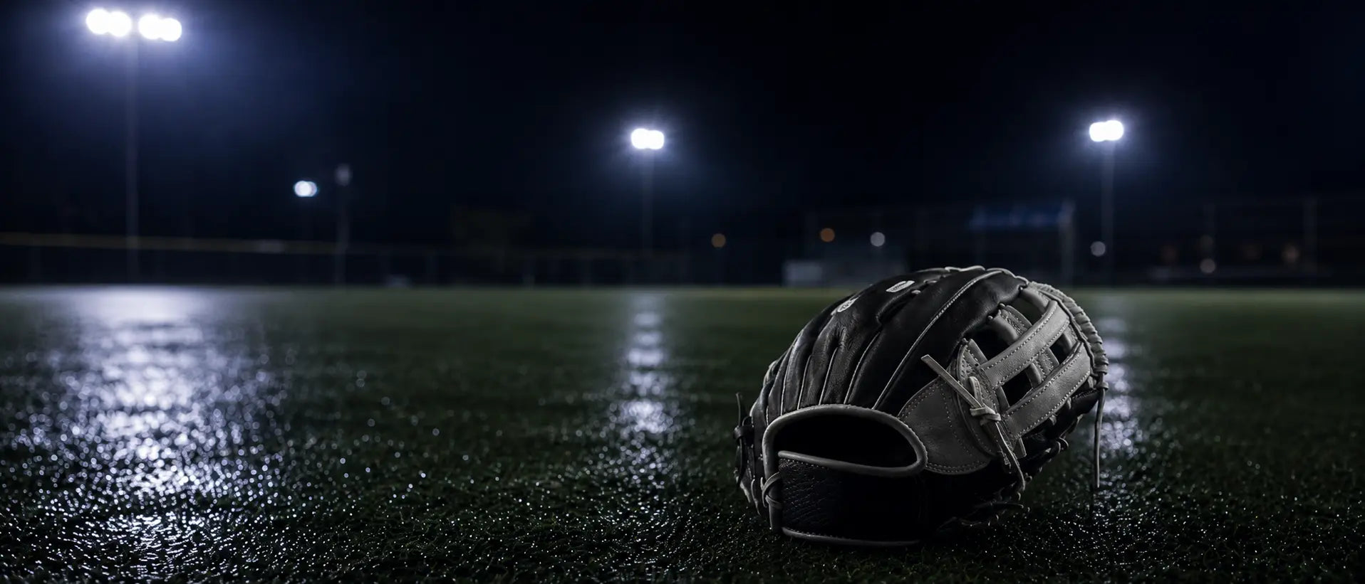 Baseball glove on wet turf with stadium light reflections