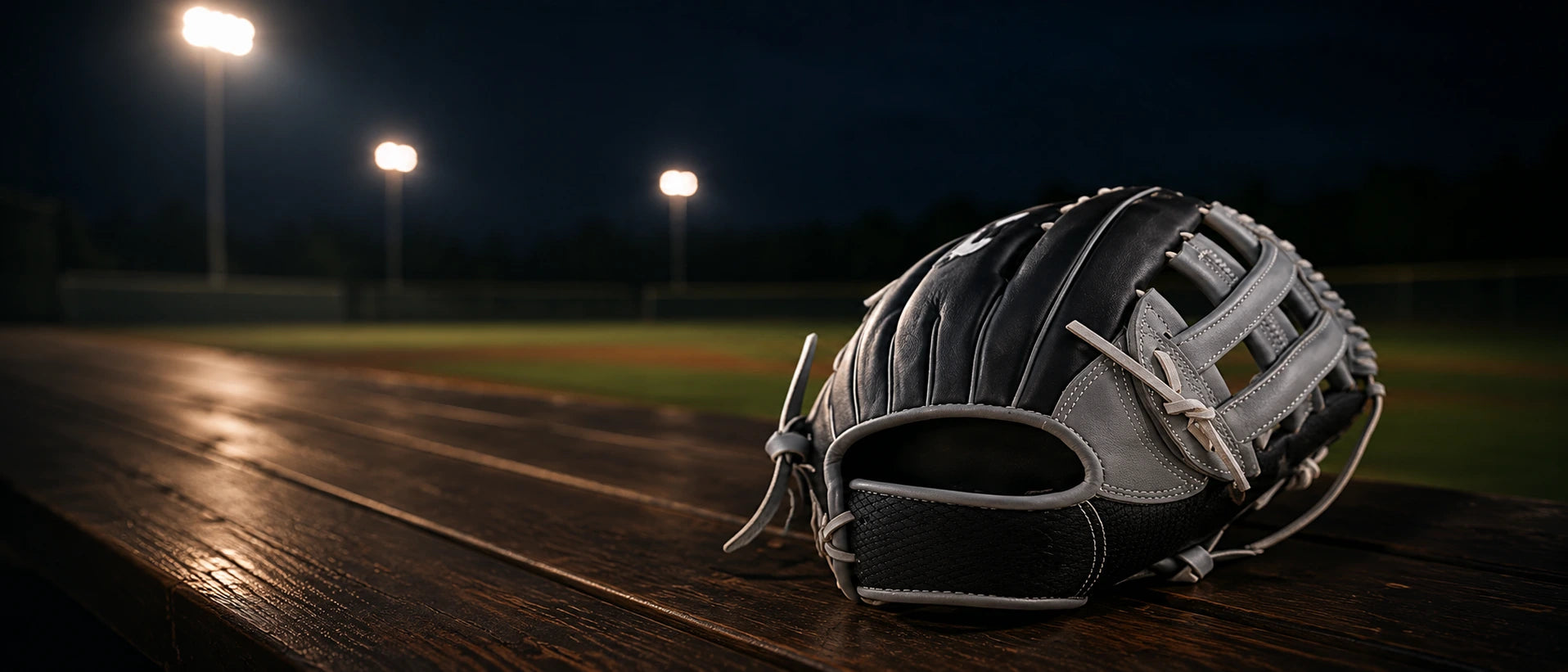 Baseball glove on a wooden bench with a blurred field behind it