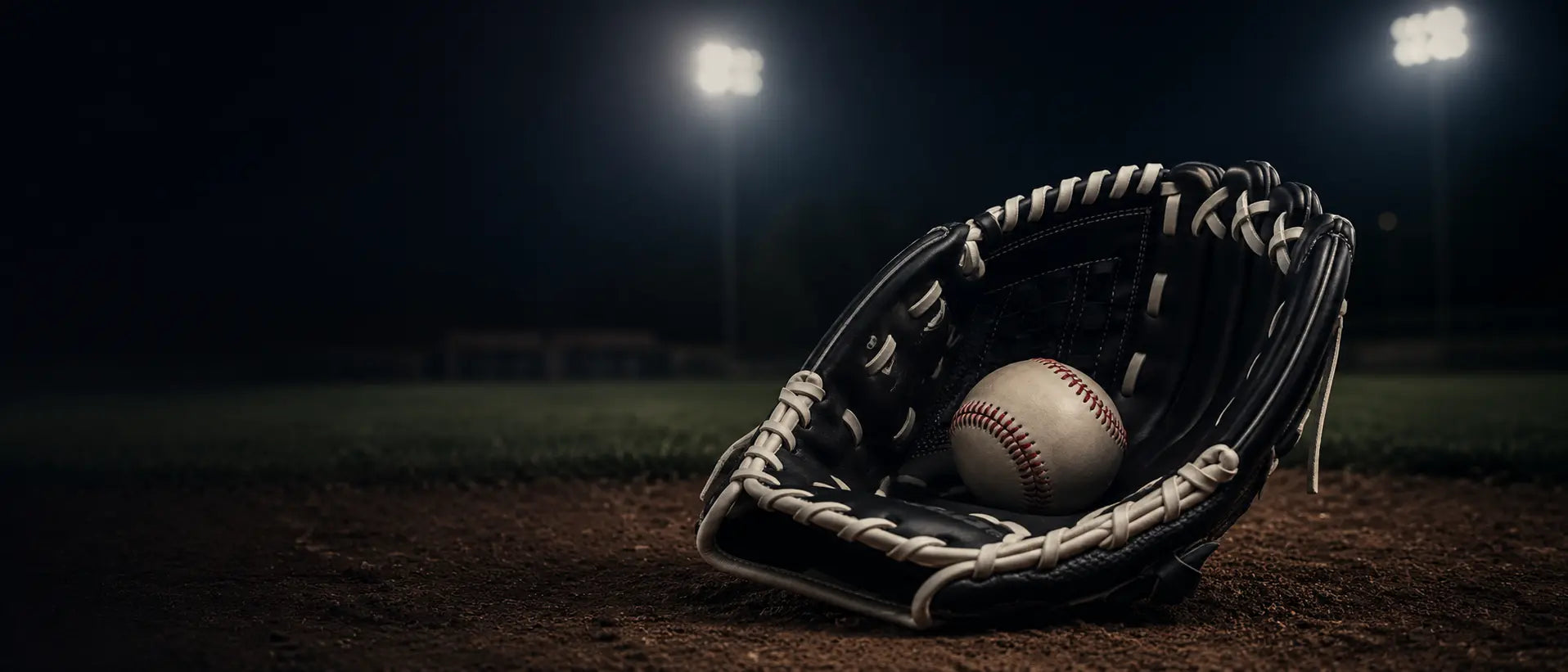 Baseball glove and ball on a baseball field at night with lights.