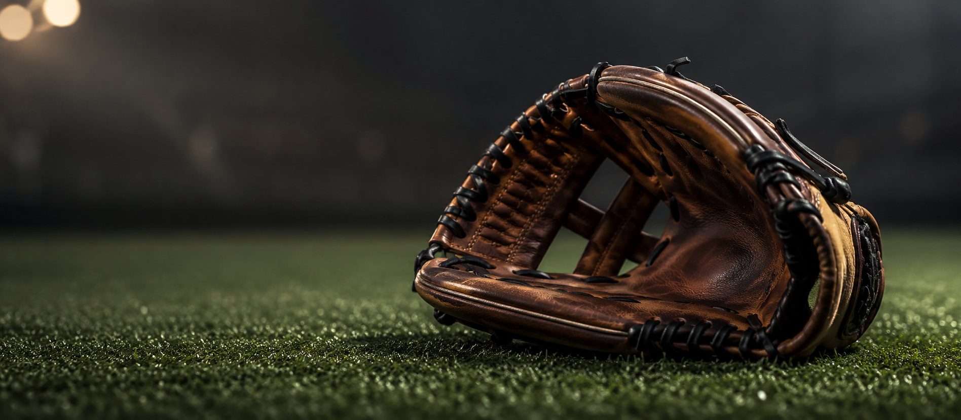 Close-up of a broken-in baseball glove on turf