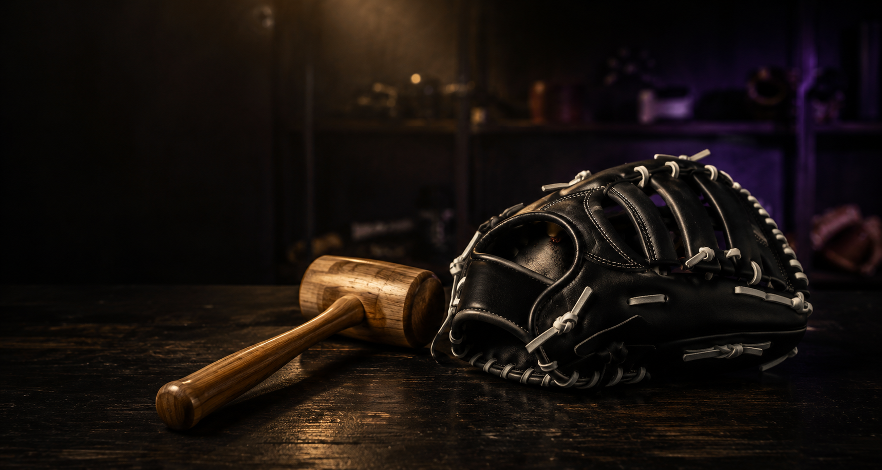 Baseball glove and wooden mallet on a dark wooden surface with a dimly lit background
